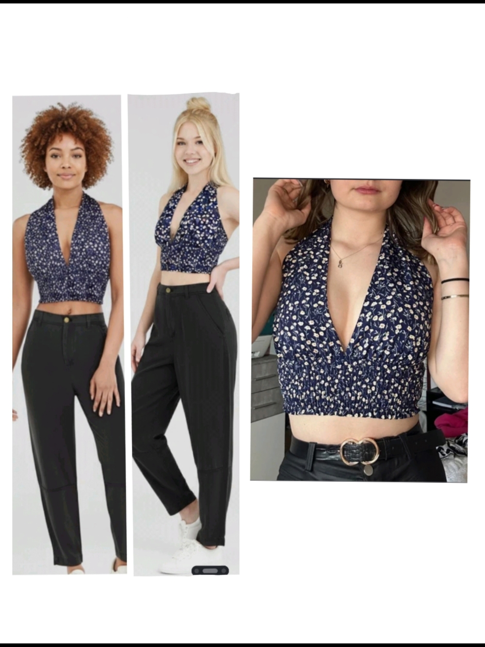 ROMWE Navy Blue Floral Halter Crop Top